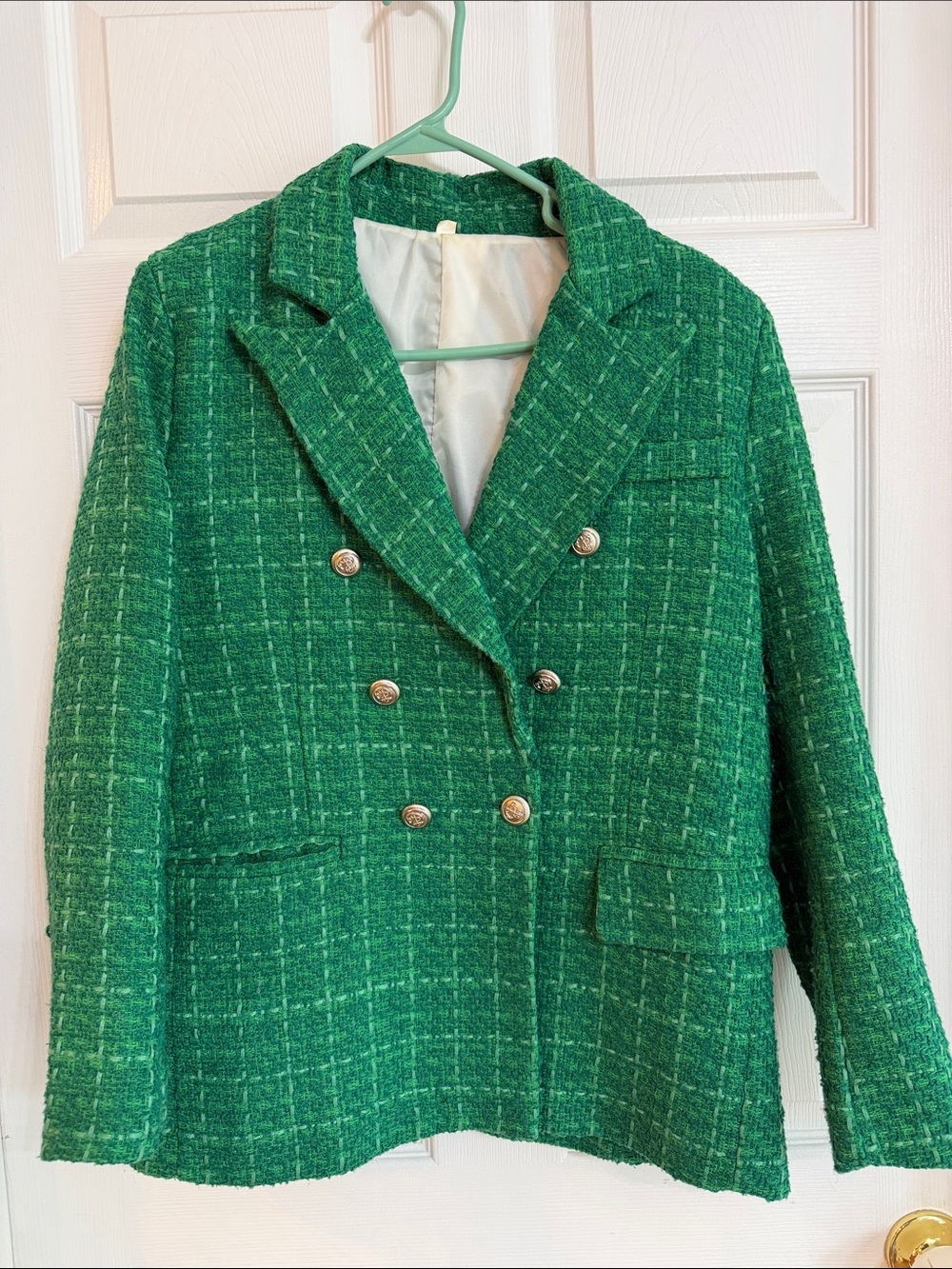 SHEIN Green Tweed Double-Breasted Women's Blazer Coat